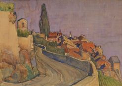 Ernest Biéler (1863-1948), Paysage de Saint-Saphorin, aquarelle et crayon sur papier, signée, 32,5x4