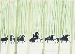 André Brasilier (1929), Chevaux dans la forêt verte, aquarelle sur papier, signée, 31,5x44 cm