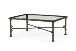 Diego Giacometti (1902-1985),  Table Grecque , c. 1965, bronze patiné brun, plateau en verre, 45x111