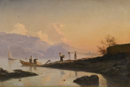 François Bocion (1828-1890), La pose des filets pour la pêche , 1861, huile sur toile, signée et da