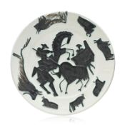 Pablo Picasso (1881-1973),  Corrida , 1953, plat circulaire en terre de faïence émaillée blanc et dé