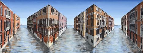 Patrick Hughes (1939), Palazzi, Palazzi , tableau-vol., tech. mixte sur panneau, monotype, signée,