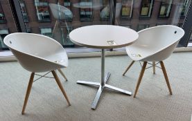 Café Table, 700mm diameter x 740mm, white, with chrome base and 2 Pedrali Gliss tub type chairs (