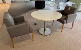 Circular Meeting Table, 1000mm diameter x 740mm, with white top and chrome base, and 2 upholstered