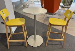 Circular High Table, 600mm diameter x 1050mm, with 2 Connection high stools, yellow (location in