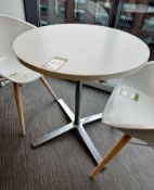Café Table, 700mm diameter x 740mm, white, with chrome base and 2 Pedrali Gliss tub type chairs (