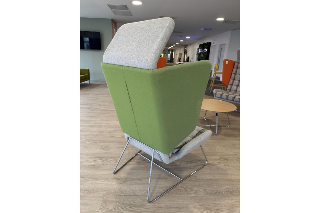 Contemporary upholstered breakout winged Armchair, with chrome legs, green (location in building: - Image 3 of 5