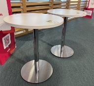 2 circular top Café/Meeting Tables, 600mm diameter x 730mm, white with chrome base (location in