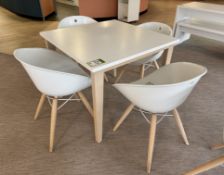 Square top Café Table, 900mm x 900mm x 750mm, white, with 4 Pedrali Gliss tub chairs (location in
