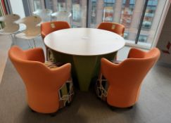 Beech effect circular Meeting Table, 1200mm diameter x 700mm, with upholstered base and 4