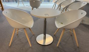Café Table, 600mm diameter x 730mm, white, with chrome base and 2 Pedrali Gliss tub type chairs (
