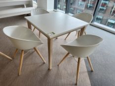 Square top Café Table, 900mm x 900mm x 750mm, white, with 4 Pedrali Gliss tub chairs (location in