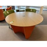 Beech effect circular Meeting Table, 1200mm diameter x 700mm, with 2 Orangebox upholstered mobile