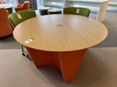Beech effect circular Meeting Table, 1200mm diameter x 700mm, with 2 Orangebox upholstered mobile