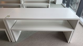 Dining/Breakout Table, 1600mm x 700mm x 750mm, white, with 2 benches, 1500mm x 350mm x 450mm,