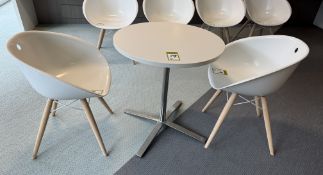 Café Table, 700mm diameter x 740mm, white, with chrome base and 2 Pedrali Gliss tub type chairs (