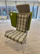 Contemporary upholstered breakout winged Armchair, with chrome legs, green (location in building: