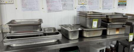 Quantity stainless steel Trays, Roasting Tins, etc, to shelf (location in building: first floor)