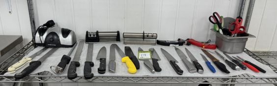 Quantity Cooking Knives and various Blade Sharpeners, to shelf (location in building: first floor)