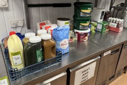 Quantity Tomato and Brown Sauce, Mint Sauce, Flour, Tins Mushy Peas, etc (location in building: