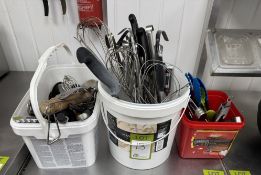 Quantity various Whisks, Knives, Tongs, Ladles, Spoons, etc, to 3 tubs (location in building: