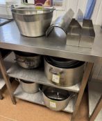 Quantity Cooking Pots etc, to 3 shelves (location in building: first floor)