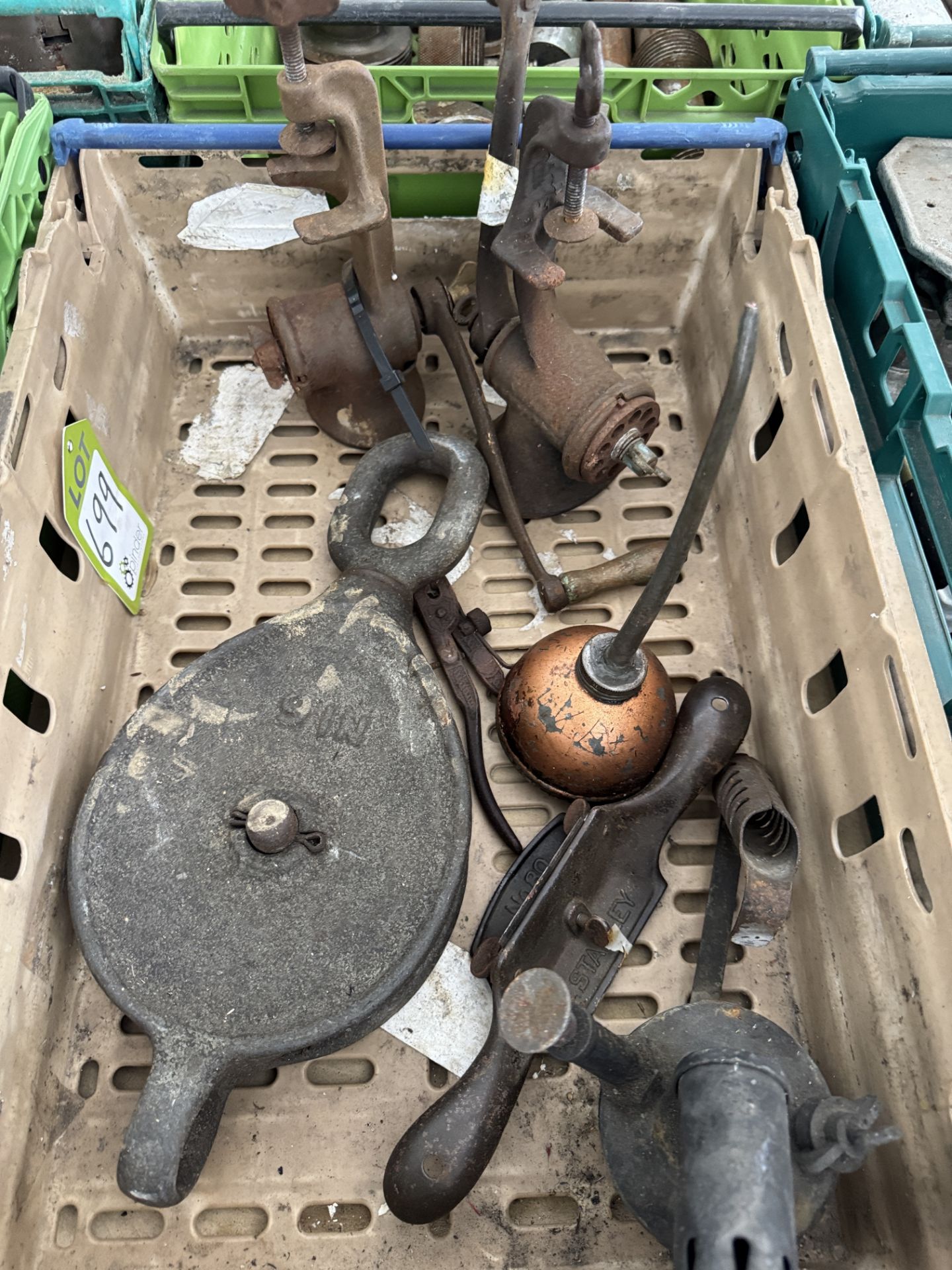 Tools, 2 Meat Grinders, Pulley Block, Planer, Blow Lamp and Oil Can, to box