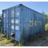 20ft Workshop Shipping Container, with bench, engineers vice, steel rack, hinged loading ramp
