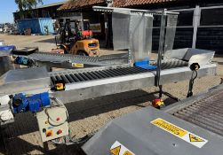 Peter Cox stainless steel Incline plastic Roller Conveyor, 590mm roller width, 3000mm long, 1100mm