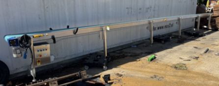 Stainless steel powered Belt Conveyor, 200mm belt width, 10.85m length, 940mm height, 240volts (