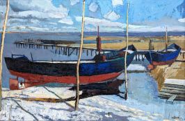 Köpp, Volker (1953 Usedom – 2026 Ahlbeck) „Boote am Stettiner Haff“