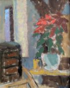 Curio, Sabine (1950 Usedom, lebt in Stolpe) "Interieur mit Weihnachtsstern", Öl auf Leinwand auf Pap