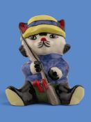 Lorna Bailey cat figure 'Fisherman', hand painted with straw hat, blue jacket and fishing rod, signe