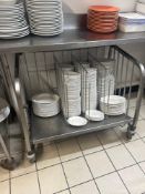 Stainless steel plate trolley and contents comprising of various side plates ,saucers, cups and mugs