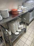 Stainless steel table with back splash 265cm x 42cm x 78cm Note this lot has a lift out charge see