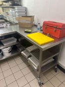 L shape stainless steel mobile table with back splash and 2 x under shelfs 210cm x 168cm x 80cm Note