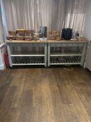 2 x mobile 3 draw farmhouse kitchen units 120cm x 60cm x 90cm and 3x open storage cupboard Note this