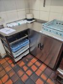 Stainless steel commercial kitchen workstation L shaped preparation top with rack storage under