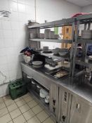 Stainless steel chef's pass with integrated hot cupboard base and overhead gantry. Features heated
