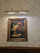 Giclée print depicting a classical floral arrangement in an ornate vase, set on a stone surface with