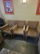 Set of five Bampton Design dining armchairs, each upholstered in brown textured fabric with thick