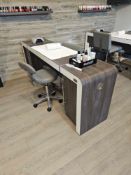 REM Concorde Nail Desk in antique oak laminate with Alu Brosse trim, featuring a curved front edge