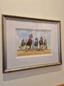 Jake Winkle British , B. 1964 Watercolour Titled At The Finish In Distressed Silver Wood Frame 77