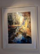 Maureen Davis Forest Stream Mixed Media Signed Framed Art In White Wood Profile Frame 64 x79cm