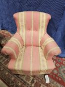 Queen Anne Style Fireside Armchair, Upholstered In A Striped Fabric Featuring Shades Of Pink/