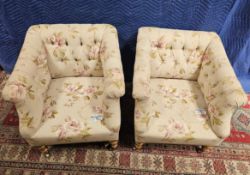 A Pair Of Upholstered Accent Chairs Floral Upholstered Fabric With Tufted Back Raised Traditional