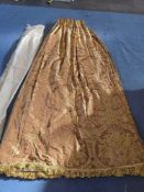 A Pair Lined Pencil Pleat Top Of Silk Drapes Rich Jacquard Floral Pattern Antique Gold Or Champagne.