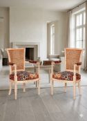 Pair of Cabriolet Charret Armchairs (Jean Paul Gaultier Fabric): A pair of Directoire style