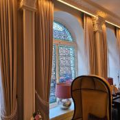 2 x pairs of silk drapes pencil pleated top with braided trim and tie backs span 150cm x 310cm drop