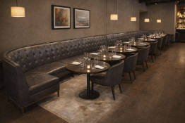 Decca Modular Banquette – 6.3m Version: A large modular banquette crafted by Decca for the Corinthia